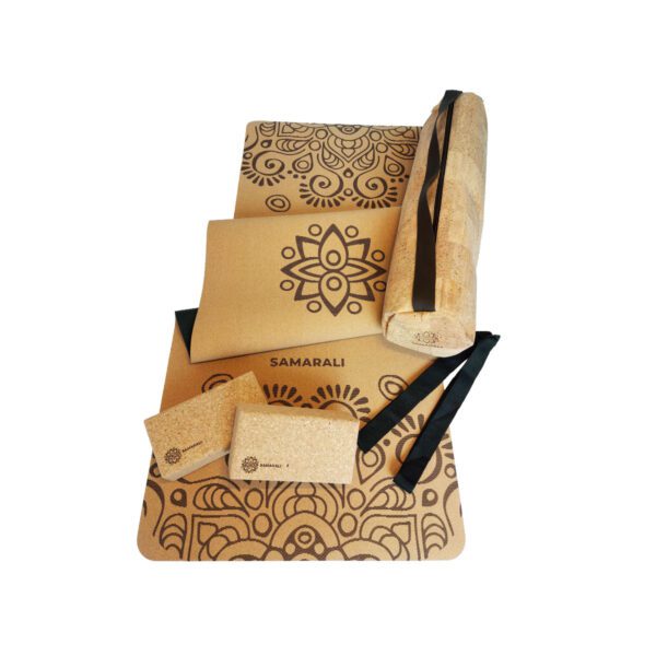 Yoga set equipment - cork yoga mat, two cork blocks, strap and yoga carry bag